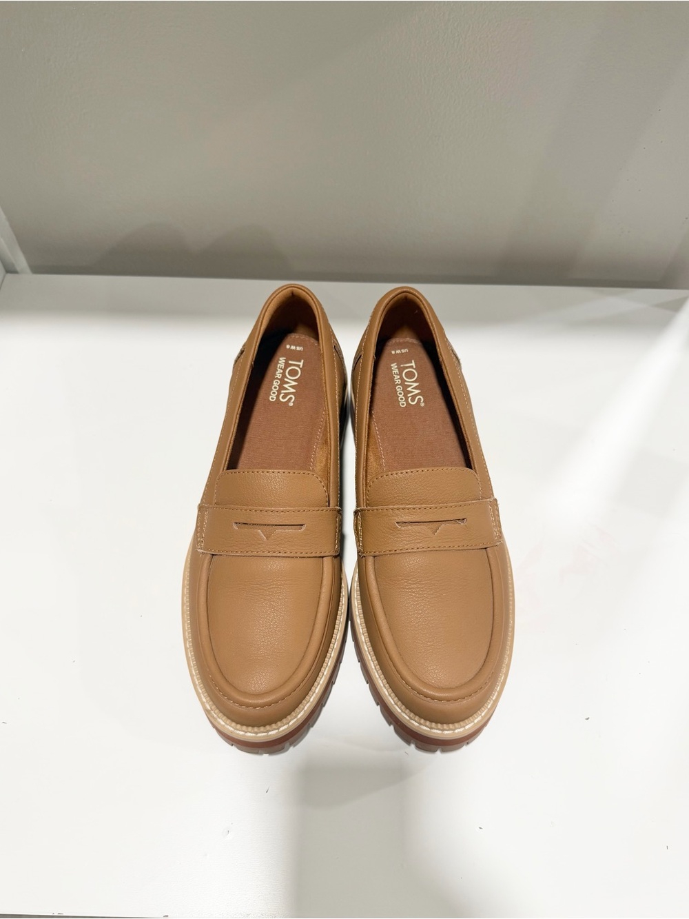 TOMS Cara Brown Leather Minimalist Quiet Luxury Chunky Penny Loafers - Size 8 - Picture 7 of 10